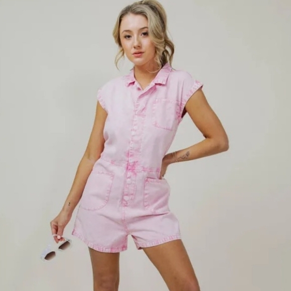 Simply Southern Pink Denim Romper - Picture 1 of 9